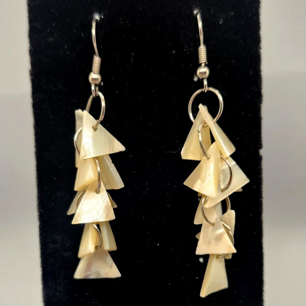 Vintage silvertone dangle earrings white carved mother-of-pearl